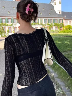 Deep V Scalloped Sheer Lace Flare Sleeve Slim Crop See Through Blouse
