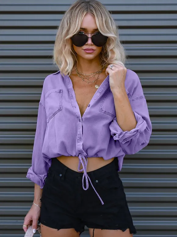 Denim Blouse Drop Shoulder Long Sleeves Buttons Lace Up Tops