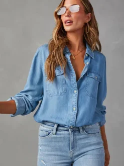 Denim Blouse For Women Turndown Collar Flap Pockets Daily Tops