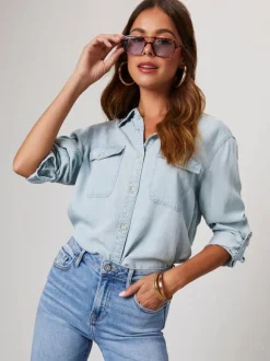 Denim Blouse For Women Turndown Collar Flap Pockets Daily Tops