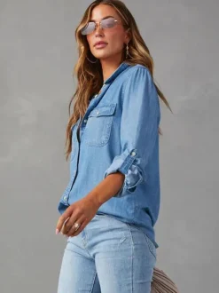 Denim Blouse For Women Turndown Collar Flap Pockets Daily Tops