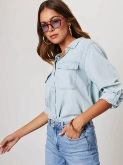 Denim Blouse For Women Turndown Collar Flap Pockets Daily Tops