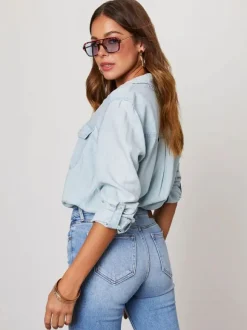 Denim Blouse For Women Turndown Collar Flap Pockets Daily Tops