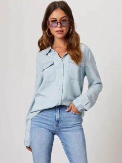 Denim Blouse For Women Turndown Collar Flap Pockets Daily Tops