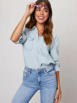 Denim Blouse For Women Turndown Collar Flap Pockets Daily Tops
