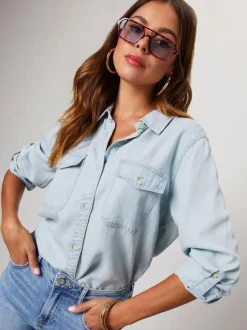 Denim Blouse For Women Turndown Collar Flap Pockets Daily Tops