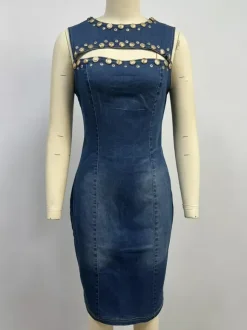 Denim Cutout Bodycon Dress For Women - Blue Studded Sleeveless Slim Fit Pencil Sheath Midi Dress - Summer Party Clubwear 2026
