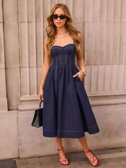 Denim Midi Sun Dress For Women - Dark Blue Sexy Corset Top Pleated A-Line Slip Dress - Summer Casual Picnic 2026