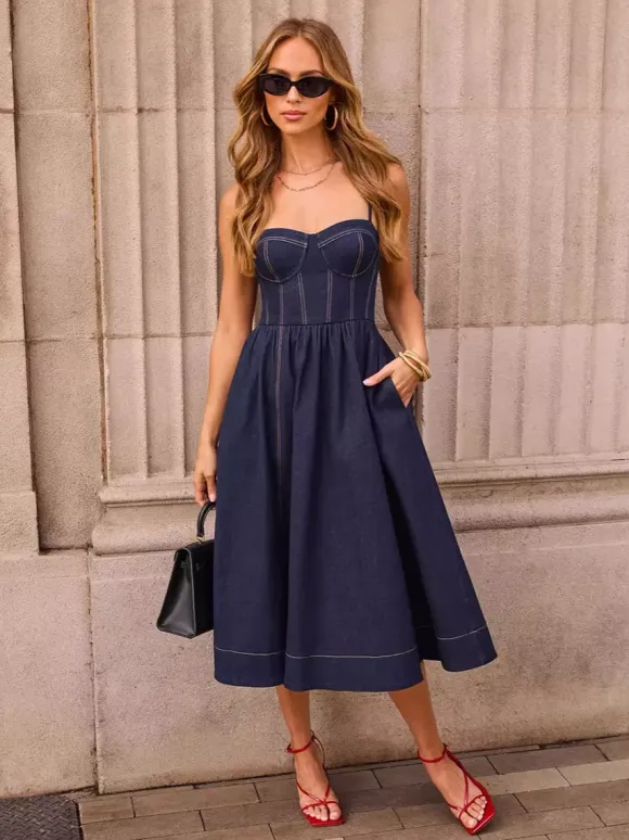 Denim Midi Sun Dress For Women - Dark Blue Sexy Corset Top Pleated A-Line Slip Dress - Summer Casual Picnic 2026