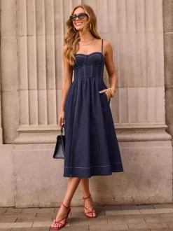 Denim Midi Sun Dress For Women - Dark Blue Sexy Corset Top Pleated A-Line Slip Dress - Summer Casual Picnic 2026