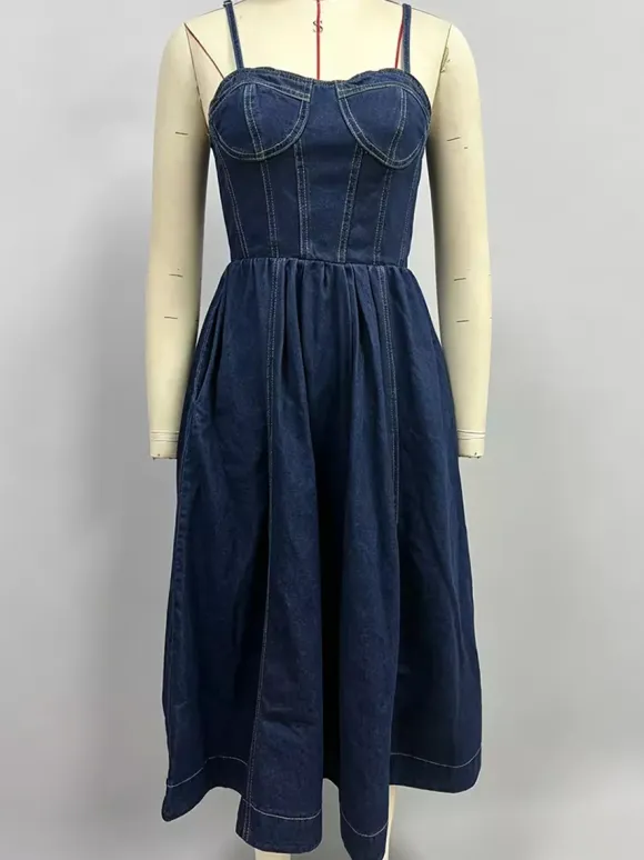 Denim Midi Sun Dress For Women - Dark Blue Sexy Corset Top Pleated A-Line Slip Dress - Summer Casual Picnic 2026