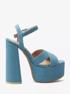 Denim High Heel Sandals Blue Open Toe Chunky Heel Sandal Shoes