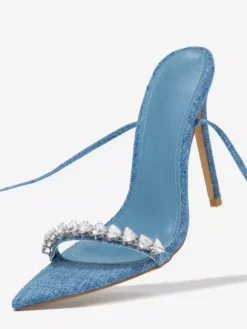 Denim High Heel Sandals Rhinestones Lace Up Party Shoes For Women