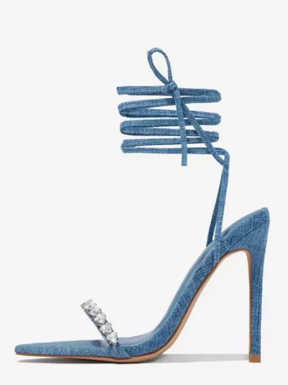 Denim High Heel Sandals Rhinestones Lace Up Party Shoes For Women