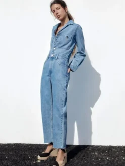 Denim Jumpsuit Pleated Neck Front Button Straight Solid Color Playsuit