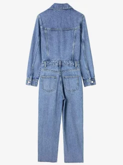 Denim Jumpsuit Pleated Neck Front Button Straight Solid Color Playsuit