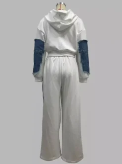 Denim Patchwork 2 Piece Set For Women - Studded Hoodie And Wide Leg Pants - Spring Streetwear Tracksuit 2026