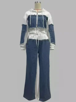 Denim Patchwork 2 Piece Set For Women - Studded Hoodie And Wide Leg Pants - Spring Streetwear Tracksuit 2026