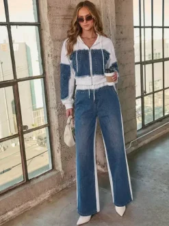 Denim Patchwork 2 Piece Set For Women - Studded Hoodie And Wide Leg Pants - Spring Streetwear Tracksuit 2026