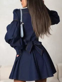 Denim Skater Dress Puff Sleeve Button-Up A-line Mini Dress For Women 2026