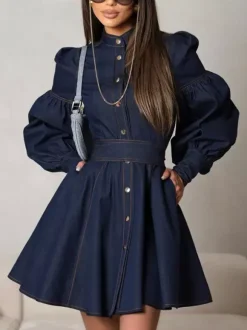 Denim Skater Dress Puff Sleeve Button-Up A-line Mini Dress For Women 2026