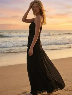 3D Floral Cami Maxi Dress for Women - Boho Rosette Bodice Flowy Spaghetti Strap Gown - Summer Beach Resort 2026
