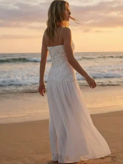 3D Floral Cami Maxi Dress for Women - Boho Rosette Bodice Flowy Spaghetti Strap Gown - Summer Beach Resort 2026