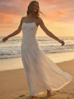 3D Floral Cami Maxi Dress for Women - Boho Rosette Bodice Flowy Spaghetti Strap Gown - Summer Beach Resort 2026