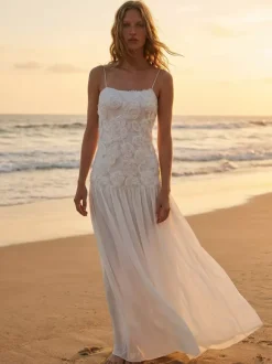 3D Floral Cami Maxi Dress for Women - Boho Rosette Bodice Flowy Spaghetti Strap Gown - Summer Beach Resort 2026