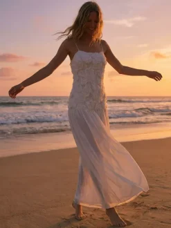 3D Floral Cami Maxi Dress for Women - Boho Rosette Bodice Flowy Spaghetti Strap Gown - Summer Beach Resort 2026