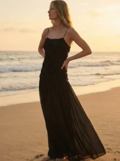 3D Floral Cami Maxi Dress for Women - Boho Rosette Bodice Flowy Spaghetti Strap Gown - Summer Beach Resort 2026