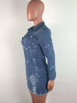 Distressed Denim Mini Dress For Women - Medium Blue Paint Splatter Bodycon Ripped Hem Jean Dress - Spring Night Out 2026