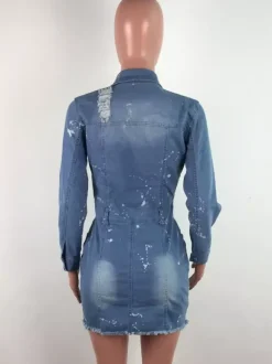 Distressed Denim Mini Dress For Women - Medium Blue Paint Splatter Bodycon Ripped Hem Jean Dress - Spring Night Out 2026
