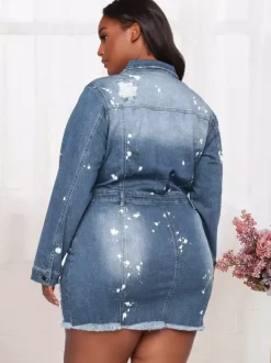 Distressed Denim Mini Dress For Women - Medium Blue Paint Splatter Bodycon Ripped Hem Jean Dress - Spring Night Out 2026