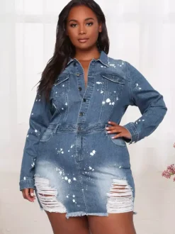 Distressed Denim Mini Dress For Women - Medium Blue Paint Splatter Bodycon Ripped Hem Jean Dress - Spring Night Out 2026