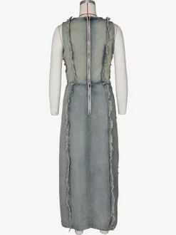 Distressed Denim 2 Piece Set For Women - Vintage Washed Ripped Maxi Slit Skirt And Crop Top - Summer Festival Party Wear 2026