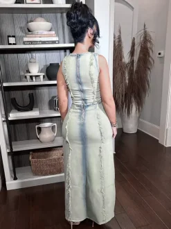 Distressed Denim 2 Piece Set For Women - Vintage Washed Ripped Maxi Slit Skirt And Crop Top - Summer Festival Party Wear 2026