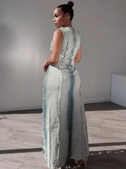 Distressed Denim 2 Piece Set For Women - Vintage Washed Ripped Maxi Slit Skirt And Crop Top - Summer Festival Party Wear 2026