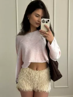 Distressed Neck Knit Pullover Sweater With Sequins For Women 2026