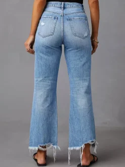 Distressed Wide Leg Jeans For Women - Light Blue High Waist Raw Hem Relaxed Fit Denim Pants - Spring Casual Streetwear 2026