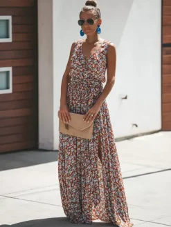 Ditsy Floral Maxi Dress for Women - Brick Red Sleeveless Side Slit V Neck Sundress - Summer Beach Resort Wear 2026