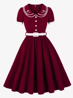 Double Layer Peter Pan Collar Embroidery Puff Sleeve Swing Dress For Women 2026