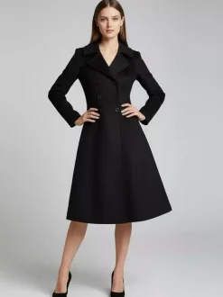 Double-Breasted Wool Blend Midi Coat With Flared A-Line Silhouette For Women 2026