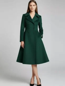 Double-Breasted Wool Blend Midi Coat With Flared A-Line Silhouette For Women 2026
