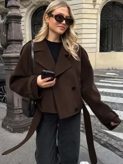Double Breasted Women's Short Jacket - Chic Belted Cropped Fit - Quiet Luxury Spring Casual Streetwear 2026