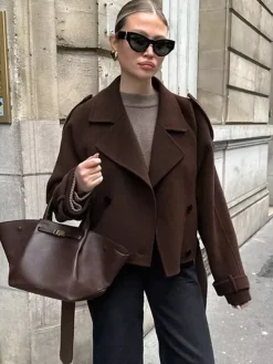Double Breasted Women's Short Jacket - Chic Belted Cropped Fit - Quiet Luxury Spring Casual Streetwear 2026