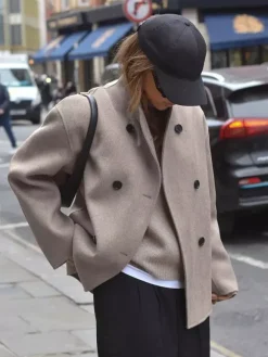 Double Breasted Women's Short Coat - Minimalist Stand Collar Boxy Outerwear - Old Money Aesthetic Spring Streetwear 2026