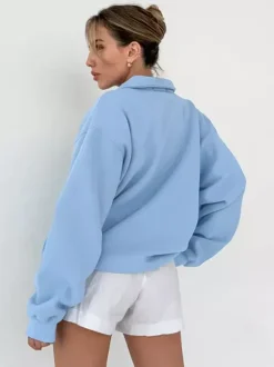Draped Oversized Polo Sweatshirt Partial Front Buttons Relaxed Basic Pullover