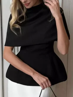 Draped Cowl Neck Cape Overlay Peplum Sleeveless Slim Formal Blouse Top