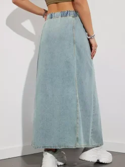 Drawstring Waist Denim Maxi Skirt For Women - Casual A-Line Flare Long Skirt With Pockets - Spring Holiday 2026